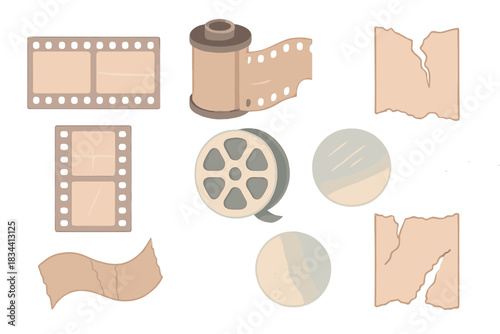 Retro Film Elements. Isometric vector illustration set Celluloid relics: scratched negatives, spliced tape seams, film tears, reel