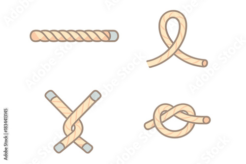 Fieldcraft Rope Icons. Isometric vector illustration set Fieldcraft rope icons: tensioned strand, looping motion mark, crossed