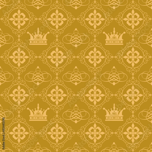 Elegant seamless royal pattern featuring golden line-art crowns, flourishes, and ornamental motifs on a black background. The luxurious vintage design evokes a regal, aristocratic aesthetic suitable f