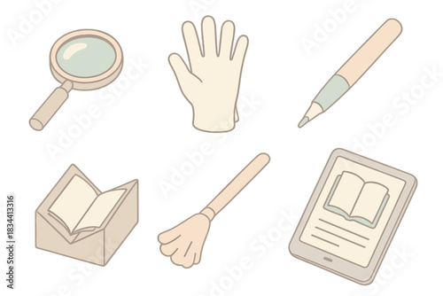 Antiquarian Book Tools. Isometric vector illustration set of antiquarian book tools: magnifying loupe, archival gloves, pH testing