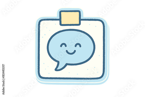 Whimsical Doodle Speech Bubble. A speech bubble sticking to the whiteboard like a tiny happy sticky note, rounded friendly shapes,
