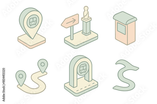 Map Navigation Icons. Isometric vector illustration set Map navigation series: bus indicator, pointing sign to sculpture, train