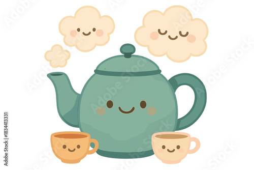 Joyful Tea Set. A playful tea kettle with steam forming smiling clouds, tiny cups with cheerful faces, simple rounded friendly