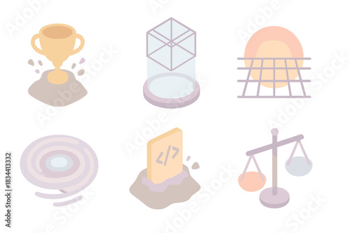 Temporal Excavation Icons. Isometric vector illustration set Temporal excavation icons: relic emergence, scanning beam lattice,