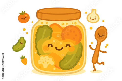 Smiling Pickle Jar Delight. A smiling jar of colorful pickles with tiny cheerful bubbles, a tiny spoon dancing beside it, cute