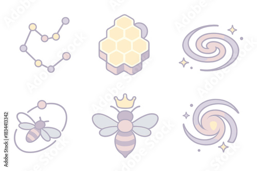 Celestial Honey Network. Isometric vector illustration set Celestial honey network: pollen constellations, lunar hive pattern,