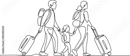 Continuous one line drawing passengers with luggage. Travelers with suitcases and bags. Family going on vacation. Tourism. Travel. one line Icon drawing