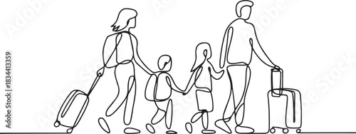Continuous one line drawing passengers with luggage. Travelers with suitcases and bags. Family going on vacation. Tourism. Travel. one line Icon drawing