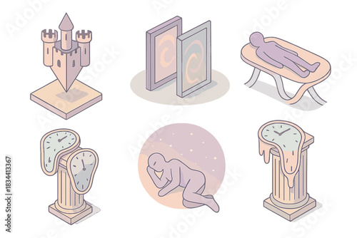 Temporal Surrealism Icons. Isometric vector illustration set Temporal surrealism icons: reversed castle base, portals through time