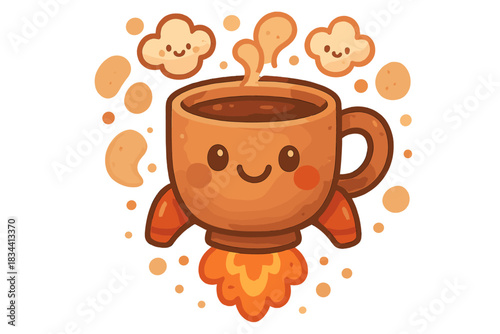 Rocket-Powered Coffee Cup. A cheerful coffee cup with rocket thrusters, tiny steam clouds with faces, soft rounded doodle shapes,