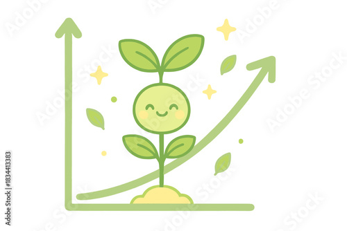 Rising Seedling Growth. A smiling seedling growing up a chart's Y-axis, tiny stars and leaves around, soft rounded doodle shapes,