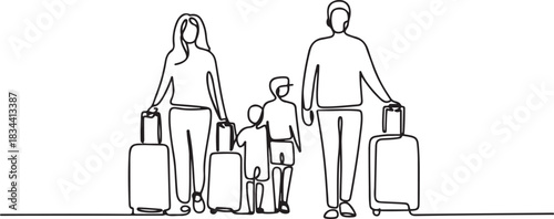 Continuous one line drawing passengers with luggage. Travelers with suitcases and bags. Family going on vacation. Tourism. Travel. one line Icon drawing