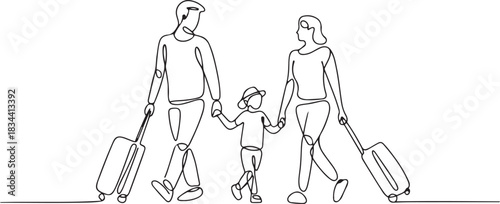 Continuous one line drawing passengers with luggage. Travelers with suitcases and bags. Family going on vacation. Tourism. Travel. one line Icon drawing