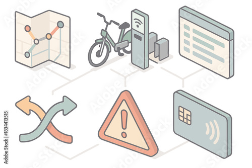 Connected Transit Icons. Isometric vector illustration set of connected transit icons: journey planner map, smart bike station,