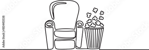 Comfortable cinema seats and popcorn. International Cinema Day. One line drawing for different uses. one line Icon drawing