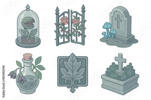Eerie Floral Artifacts. Isometric vector illustration set of eerie floral artifacts: carnivorous plant behind gothic glass, rose
