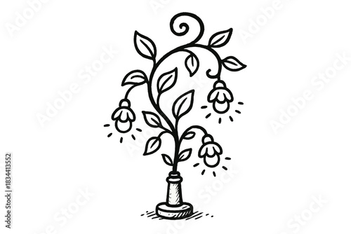 Botanical Lamp Post. Cute doodle lamp post sprouting leaves and curling upward like a vine, tiny glowing bulbs blooming like