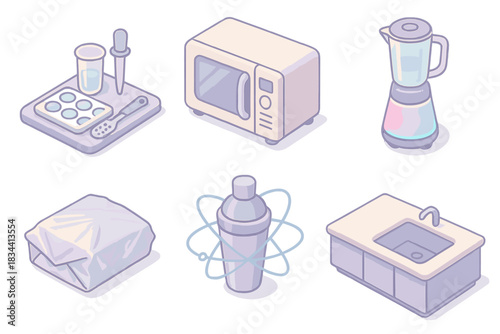 Futuristic Cooking Icons. Isometric vector illustration set of futuristic cooking icons: spherification molecular kit,