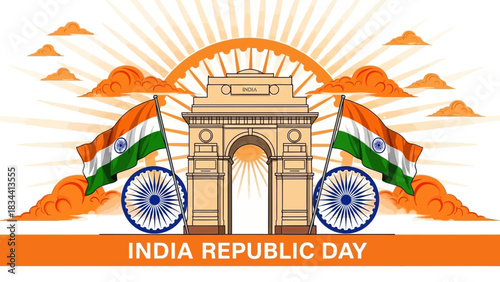 India gate and flags celebrating republic day with sun rays and clouds