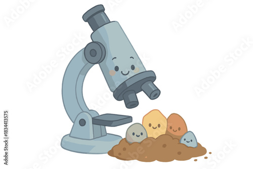 Cheerful Soil Exploration. A cheerful microscope examining soil with tiny animated minerals, soft rounded friendly forms, pastel