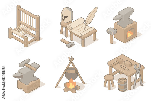 Historical Craftsmanship Tools. Isometric vector illustration set of historical craftsmanship tools: wooden weaving frame, armor