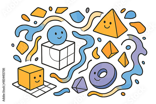 Joyful 3D Swirls. Playful doodle vector of 3D modeling scene where joyful shapes and liquid polygons swirl together to build new