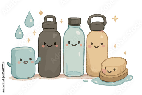 Cute Bottle Bath. Adorable doodle scene of happy reusable bottles lining up for a bath with friendly soap, soft brush, and
