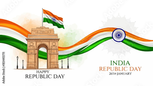 Happy republic day india with india gate and tricolor flag