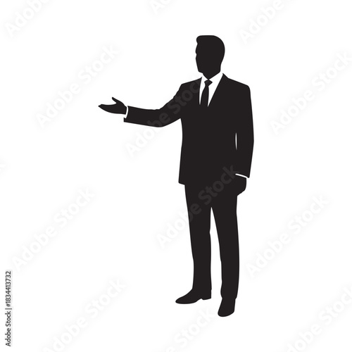 Professional businessman silhouette gestures toward open space perfect for presentation text or product reveal