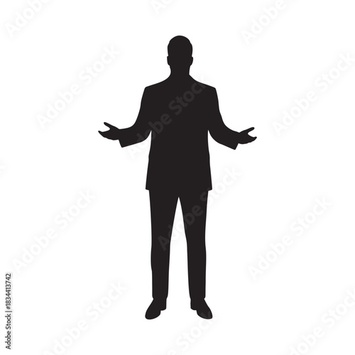 Striking silhouette of a businessman in a suit welcoming or presenting something against a dark background