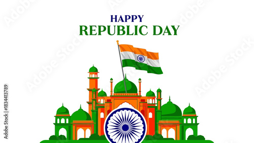 Happy republic day india with flag and iconic architecture and ashoka chakra