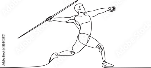 Disabled male javelin thrower. Parasport one-line drawing. one line Icon drawing