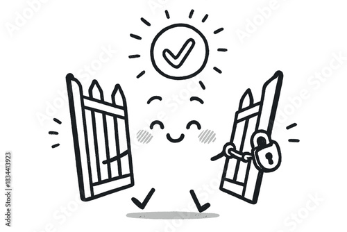 Glowing Gate Unlock. Charming doodle gate opening wide after a task is completed, glowing check symbol unlocking it, No text, No