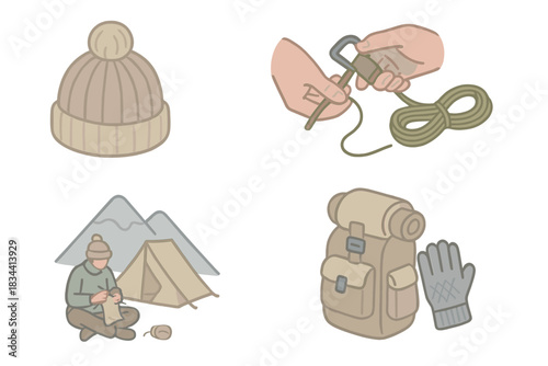 Handmade Expedition Gear. Isometric vector illustration set of handmade expedition gear: beanie crafted for summit durability,