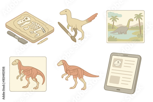 Paleontology Art Essentials. Isometric vector illustration set of paleontology art workflow: fossil reconstruction tools on desk,