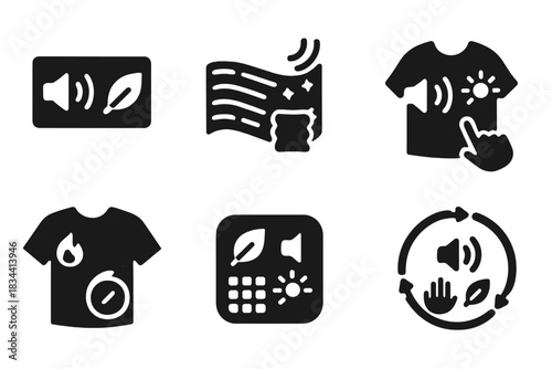 Multi-Sensory Fabric Icons. Solid style icons of multi-sensory audio cloth: sound + scent panel, color-synced tone weave,