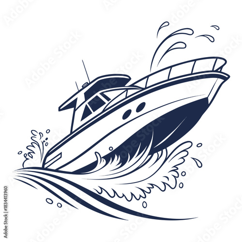 Speedboat cutting through choppy water with splashes and waves yacht