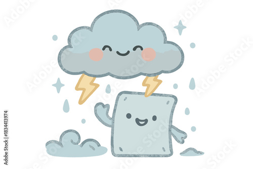 Smiling Thunder Symphony. A happy "thunder sheet" vibrating in a smiling storm scene, tiny sparkles and friendly waves, soft