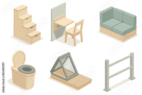 Tiny House Solutions. Isometric vector illustration set of tiny house interior solutions: storage staircase, foldable workspace