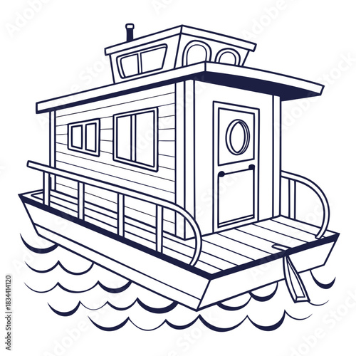 Houseboat with paddle and railings on wavy water watercraft vessel
