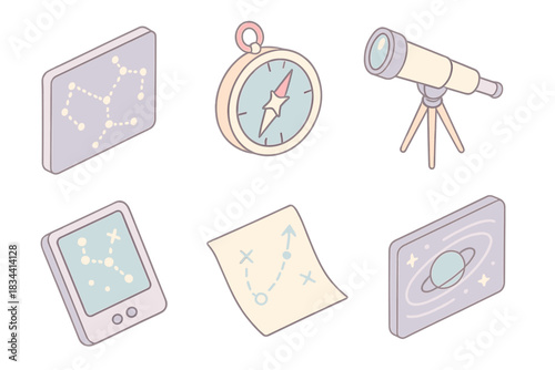 Galactic Charting Kit. Isometric vector illustration set of galactic charting kit: star constellation display, interstellar