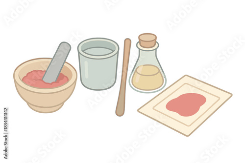 Handmade Ink Process. Isometric vector illustration set of handmade pigment ink process: pigment grinding bowl, stone pestle,