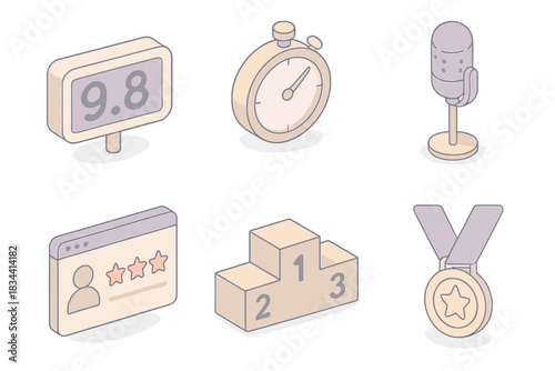 Whistling Performance Icons. Isometric vector illustration set of whistling performance assessment: numerical rating board, timer