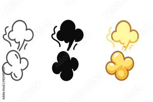 Popcorn Kernel Popping. Single popcorn kernel mid-pop with dreamy smoke cloud and soft glow effect, first in line style with thin