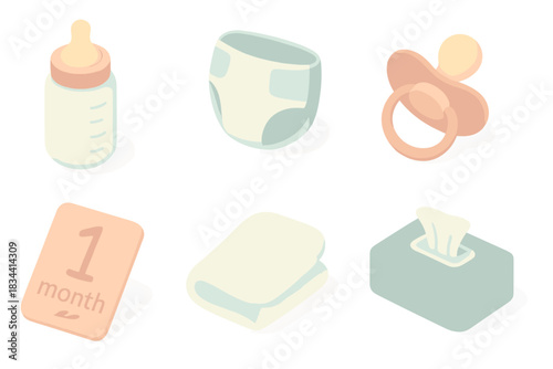 Infant Care Icons. Isometric vector illustration set of infant tracking system: feeding bottle, diaper icon with pad, pacifier,