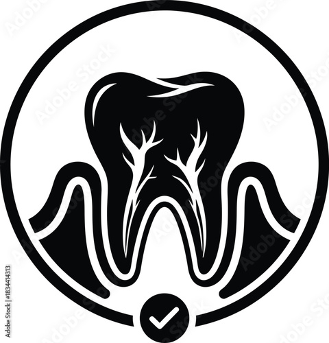 Dental Tooth Anatomy Icon with Root Structure in Circular Badge
