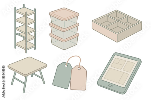 Organized Closet Essentials. Isometric vector illustration set of organized closet setup: adjustable shelving, clear storage