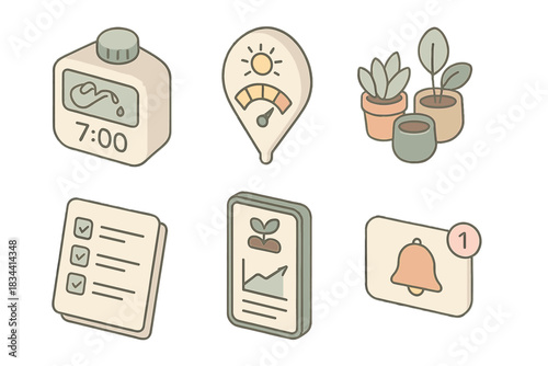 Home Gardening Essentials. Isometric vector illustration set of home gardening schedule: daily watering timer, sunlight intensity
