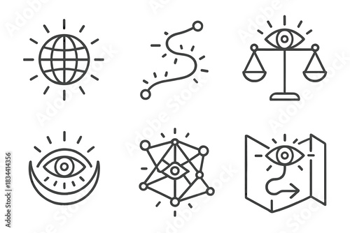 Luminous Voyage Icons. Line vector icons of luminous prophetic voyages: radiant foresight grids, glowing mystical paths, balanced