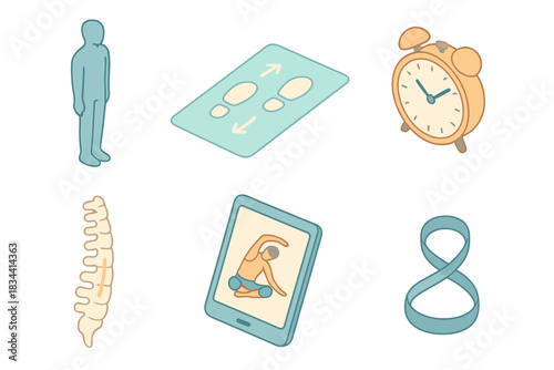 Daily Posture Routine. Isometric vector illustration set of daily posture care workflow: upright human silhouette, stretch mat